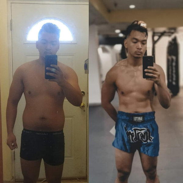 after and before transformation mirror selfie of a boy